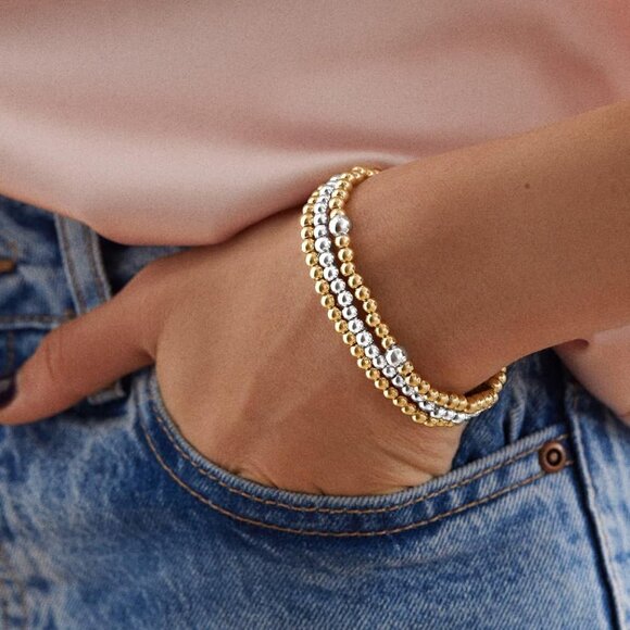 Layered Beaded Bracelets Set Gold Silver Plated Dainty Stretch Jewelry Gift - Picture 3 of 8